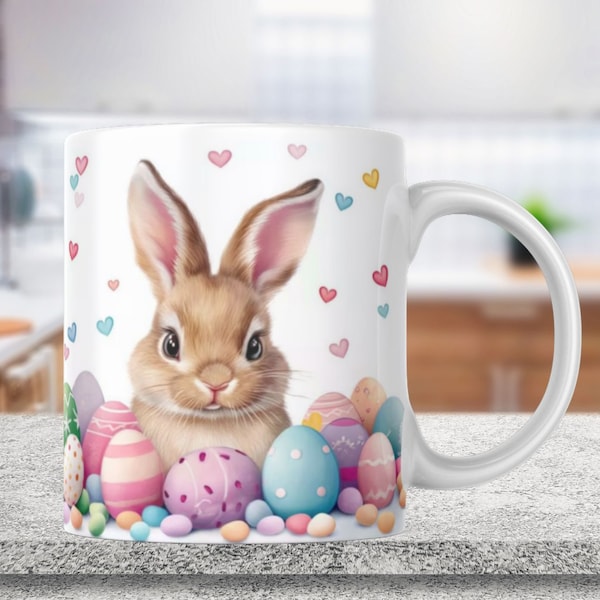 Happy Easter mug PNG for sublimation, Cute Easter Bunny Mug Wrap, Spring Design for 11oz and 15oz coffee mugs, easter eggs mug template