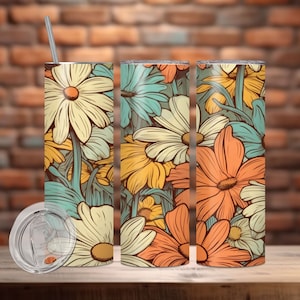 Boho Daisies 20 oz and 30 oz Skinny Tumbler Sublimation Design, retro daisy Tumbler Wrap, daisy tumbler gift, Straight and Tapered Tumbler