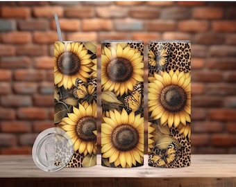 Sunflowers Leopard Print 20oz Skinny Tumbler Wrap, Sublimation Design PNG, Digital Download, Floral ,Tumbler Wrap PNG, Floral Wrap, Add Name