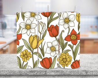 Spring Flower 20 oz Tumbler Wrap - Boho Floral Tumbler PNG Design - Floral Aesthetic Sublimation Design - Skinny Tumbler - Digital Files