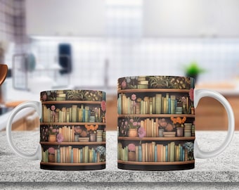 Flowers Book Mug Wrap, 3d Mugs, Reading Mug Sublimation Design, Floral Books 11oz Coffee Cup Template, 15oz Mug Wrap PNG, Mug Press Design