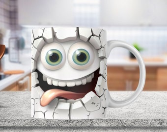 Envoltura para taza con cara sonriente divertida en 3D, plantilla para tazas de 325 ml y 400 ml, diseño de sublimación de taza con flores, plantilla PNG, descarga digital instantánea