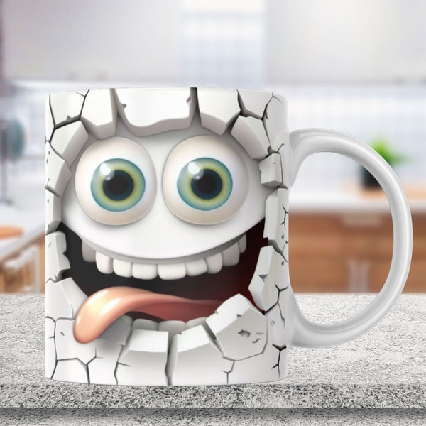 3D Funny Smiley Face Mug Wrap, 11oz & 15oz Mug Template, Flower Mug Sublimation Design Mug Wrap Template PNG, Instant Digital Download