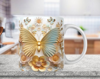 3D Golden Butterfly Floral Mug Wrap 11oz & 15oz Mug Template, Flower Mug Sublimation Design Mug Wrap Template PNG Instant Digital Download