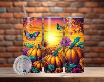Fall Tumbler Wrap 20oz Tumbler Sublimation Design, Pumpkin Tumbler Wrap, Floral Fall Tumbler PNG, 20 Fall oz Skinny Tumbler Design, Download