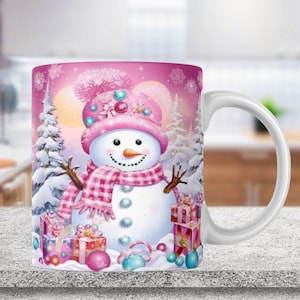 Pink Snowman Christmas Mug Wrap, 11oz and 15oz Mug Sublimation Design, Christmas Mug PNG, Winter Mug Wrap PNG, 3d Mugs Coffee Mug Design