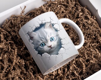 3D Kitten Hole In A Wall Mug Wrap, 3d Cat, 11oz And 15oz Mug Template, Mug Sublimation Design, Mug Wrap Template, mug template, 3D Kitten
