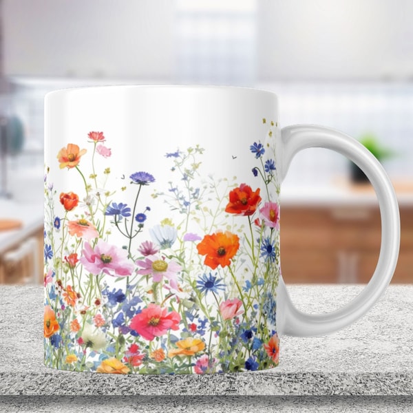 Wildflowers Mug Sublimation Design, Watercolor Floral 11oz Mug Wraps PNG, Floral Mug, Spring Mug Template, Instant Designs Digital Download