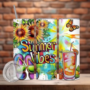 Summer Vibes Tumbler Wrap, 20oz Skinny Sublimation Tumbler Design, Strand Sommer Sublimation Design, Blumen, Flip Flop Tumbler Png Downloads
