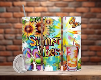 Summer Vibes Tumbler Wrap, 20oz Skinny Sublimation Tumbler Design, Beach Summer Sublimation Design, Floral, Flip Flop Tumbler Png Downloads