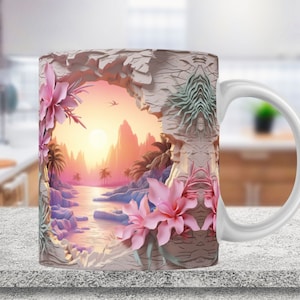 3D Hole In A Wall Tropical Beach Landscape Mug Wrap Design, 3D Beach Mug, 3D Beach Seashell In Mug Design, 3D Mug, 11oz,15oz Mug Sublimation