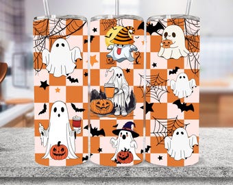 Retro Halloween Tumbler Wrap PNG, 20oz Skinny Tumbler Sublimation Wrap, Checkered Ghost Tumbler PNG, Spooky Season Tumbler, Pastel Halloween