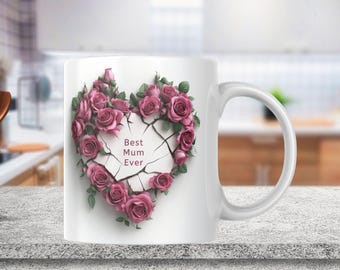 Best Mom Ever Mothers Day Mug Wrap, pink Roses Heart 11oz & 15oz Mug Sublimation Design, 3D Pink Roses Heart on a Wall Floral Mug Wrap PNG