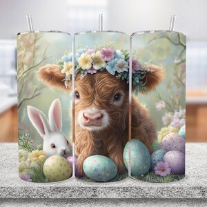 Highland Cow Easter Bunny 20 oz Skinny Tumbler Sublimation Design, Bunny Tumbler Wrap PNG, Easter Tumbler Wrap, Easter PNG, Digital Download