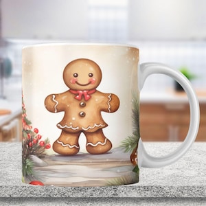 May include: White ceramic mug featuring a gingerbread person design. The gingerbread person is brown with white icing and red candy accents. The mug has a white handle.