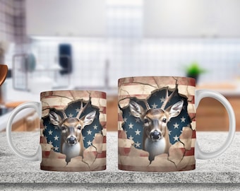 3D Deer American Flag Hole Mug Sublimation Design, 3D Deer Mug Wrap, 3D 11oz 15oz Mug Sublimation Wrap, 3d Mug, 3d mug wrap, 3d Mug Template