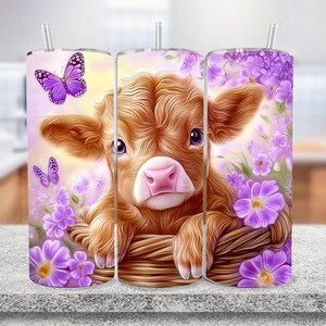 Floral Highland Cow Tumbler, 20oz Skinny Tumbler Sublimation Design, Highland Cow Spring Tumbler Wrap, Spring Tumbler Wrap, Digital Download