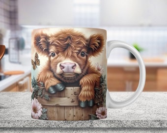 Diseños de sublimación de envoltura de taza de vaca Highland de bebé para plantilla PNG de envoltura de taza de café SVG de vaca Highland de 15 oz y 11 oz, descarga digital instantánea