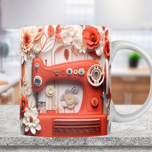 3D Red Sewing Machine Mug Wrap, 11oz & 15oz Mug Template, Roses Mug Sublimation Design, Mug Wrap Template, 3D Mugs, Instant Digital Download image 1