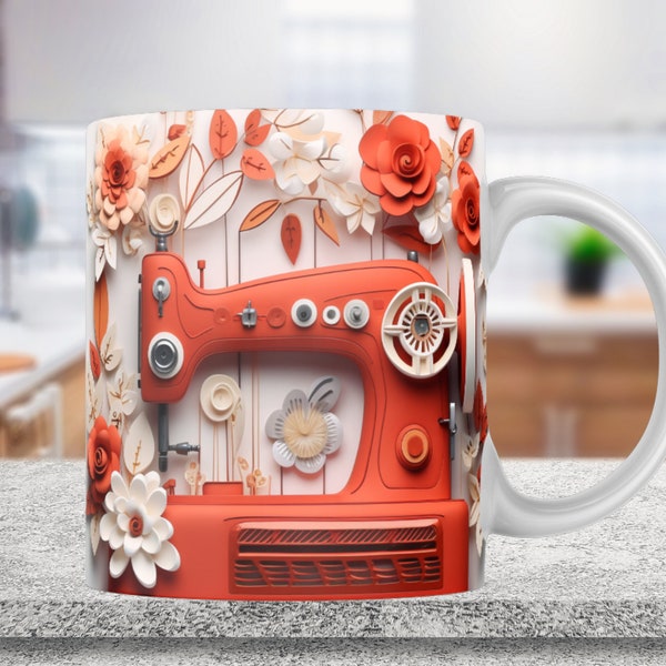 3D Red Sewing Machine Mug Wrap, 11oz & 15oz Mug Template, Roses Mug Sublimation Design, Mug Wrap Template, 3D Mugs, Instant Digital Download