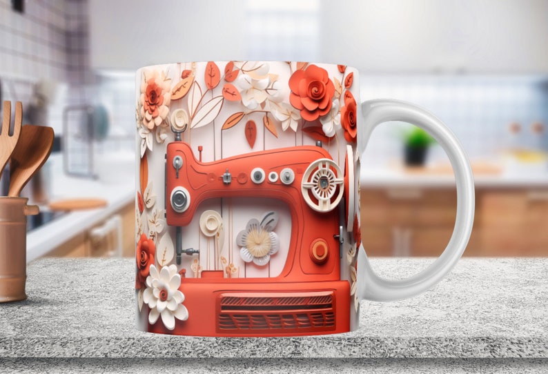 3D Red Sewing Machine Mug Wrap, 11oz & 15oz Mug Template, Roses Mug Sublimation Design, Mug Wrap Template, 3D Mugs, Instant Digital Download image 1