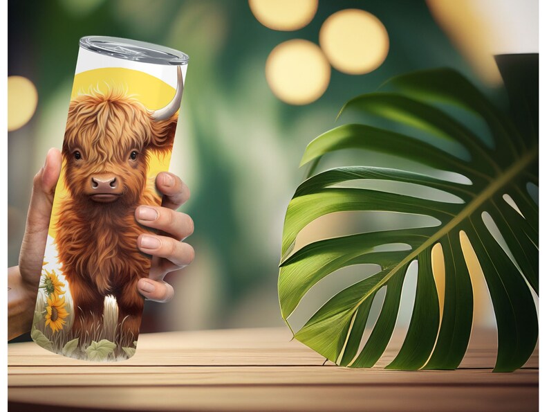 Puede incluir: Un vaso de acero inoxidable con una ilustraci&oacute;n de una vaca de las Tierras Altas. El dise&ntilde;o incluye un fondo amarillo con un girasol y hierba. La vaca tiene pelaje marr&oacute;n y cuernos blancos. El vaso es sostenido por una mano.