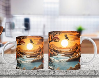 3D Sunset Mug Wrap for Sublimation, 11oz 12oz & 15oz Mugs, 3D Paper Cup Design Autumn Sunset Mug, 3d Mugs, Mug Sublimation, 3D Floral Mugs