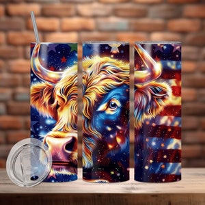 American Flag Highland Cow 20oz Skinny Tumbler Sublimation, Patriotic Tumbler Wrap, 4th of July Tumbler Png, Patriotic PNG, Digital Download