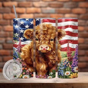 4th of July Highland Cow Skinny Sublimation Tumbler Wrap, Patriotic 4th of July PNG, Highland Cow Independence Day Tumbler, Digital Download