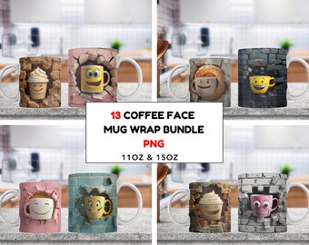3D Funny Face Coffee Mug Mug Wrap, Funny Face Mug, 11 oz & 15 oz Funny Mug Bundle Sublimation Wrap, PNG Template, Instant Digital Download