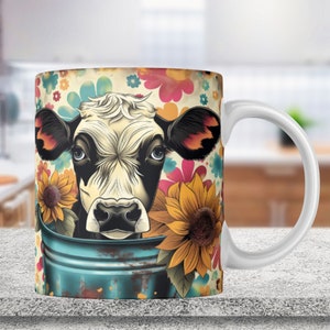 Sunflowers Cow Mug Wrap 11oz 15oz Cow Mug PNG Sublimation Design Floral Glitter Cow Mug Wrap Coffee Cup Cow Mug Template, Digital Download