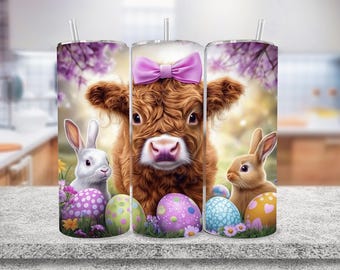 Easter Highland Cow Tumbler Wrap, 20 oz Skinny Tumbler PNG, Aquarel Bunny Tumbler Print, Spring Highland Cow sublimatie, digitale bestanden