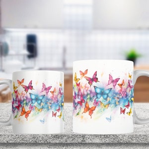 Colorful Butterfly Watercolor Mug Wrap, 11oz & 15 Oz Mug Sublimation Design, Butterfly Mug Sublimation, 11oz Mug Png, 15oz Mug PNG, 3d Mug