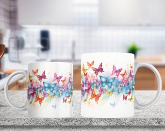 Colorful Butterfly Watercolor Mug Wrap, 11oz & 15 Oz Mug Sublimation Design, Butterfly Mug Sublimation, 11oz Mug Png, 15oz Mug PNG, 3d Mug