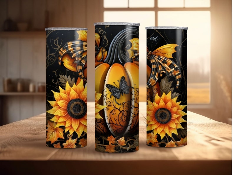 May include: Three tall, cylindrical tumblers with a fall theme. Each tumbler features a sunflower, a pumpkin, and a butterfly design in shades of orange, yellow, and black. The background is black with decorative swirls.