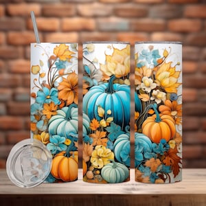 Seamless Blue Pumpkins & Floral Design, Fall 20 oz and 30 oz Skinny Straight Tumbler Sublimation Design, Tumbler Wrap PNG, Digital Download