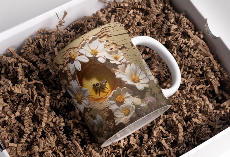 May include: White ceramic mug with a floral design featuring white daisies and a bee inside a honeycomb. The mug has a distressed, textured look.