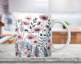 Wzory sublimacji kubków z kwiatami polnymi, akwarelowe kwiaty 11oz 15oz kubek Wraps png, wzory szablonów kubków wiosennych, projekt sublimacji kubków z kwiatami