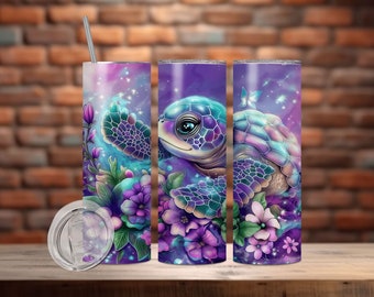 May include: A set of three stainless steel tumblers with a purple and blue design featuring a sea turtle with flowers and a butterfly.
