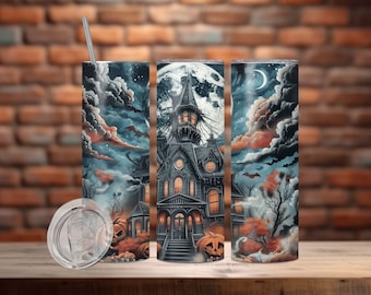 Halloween Haunted House Tumbler Wrap, 20 oz Skinny Tumbler Sublimation Design, Spooky Designs, Straight Tumbler Wrap PNG, Spooky Fall PNG