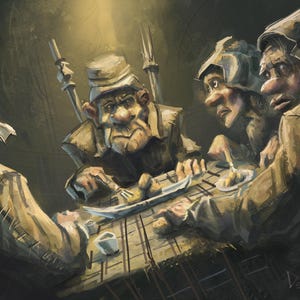 Puede incluir: Una pintura de cuatro personas sentadas alrededor de una mesa, comiendo. Las personas llevan capas con capucha y tienen narices grandes. La mesa está cubierta con un mantel a cuadros. La pintura está realizada en una paleta de colores oscuros y apagados.