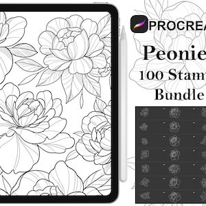 May include: A digital illustration of a set of 100 Procreate stamps featuring black and white line drawings of peonies. The image shows a preview of the stamps on a black background. The text "Peonies 100 Stamps Bundle" is displayed above the stamps.
