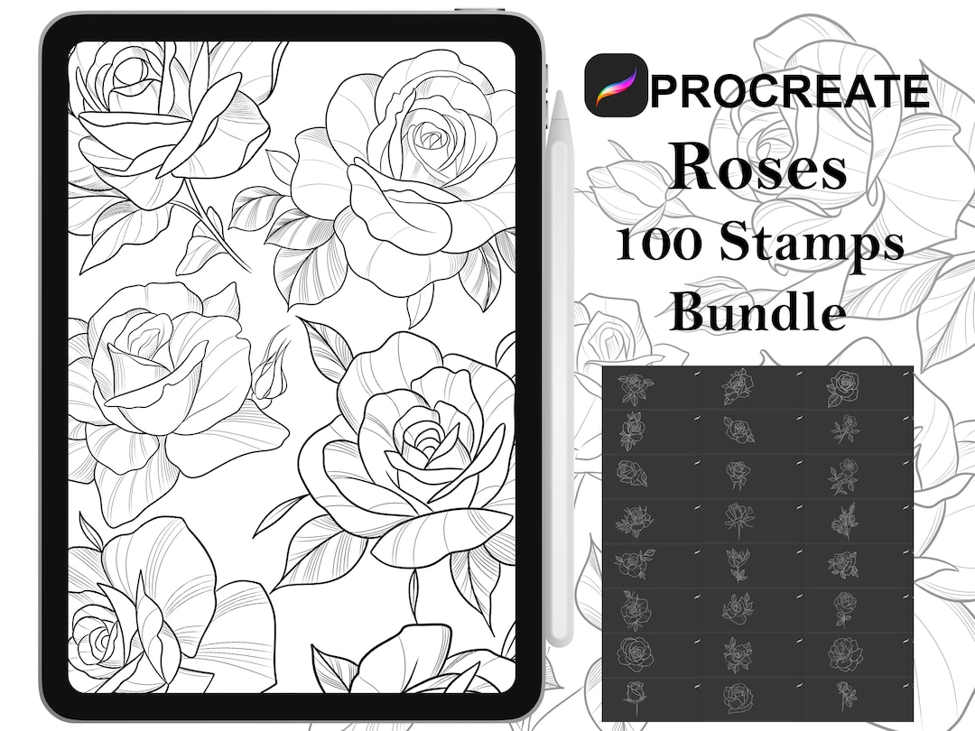 Procreate - 100 Roses Tattoo Stamps, Hand Drawn and Digitized Images ...