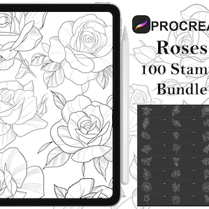May include: A digital illustration of 100 rose stamps for Procreate. The image shows a variety of rose designs, including single roses, rose buds, and rose bouquets. The stamps are perfect for adding a touch of elegance to your digital art.
