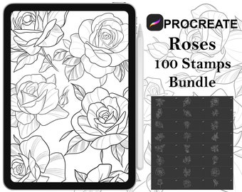 Procreate - 100 Roses Tattoo Stamps, Hand drawn and digitized Images & Design Fineline Stamps - Commercial Use, Procreate Brushes