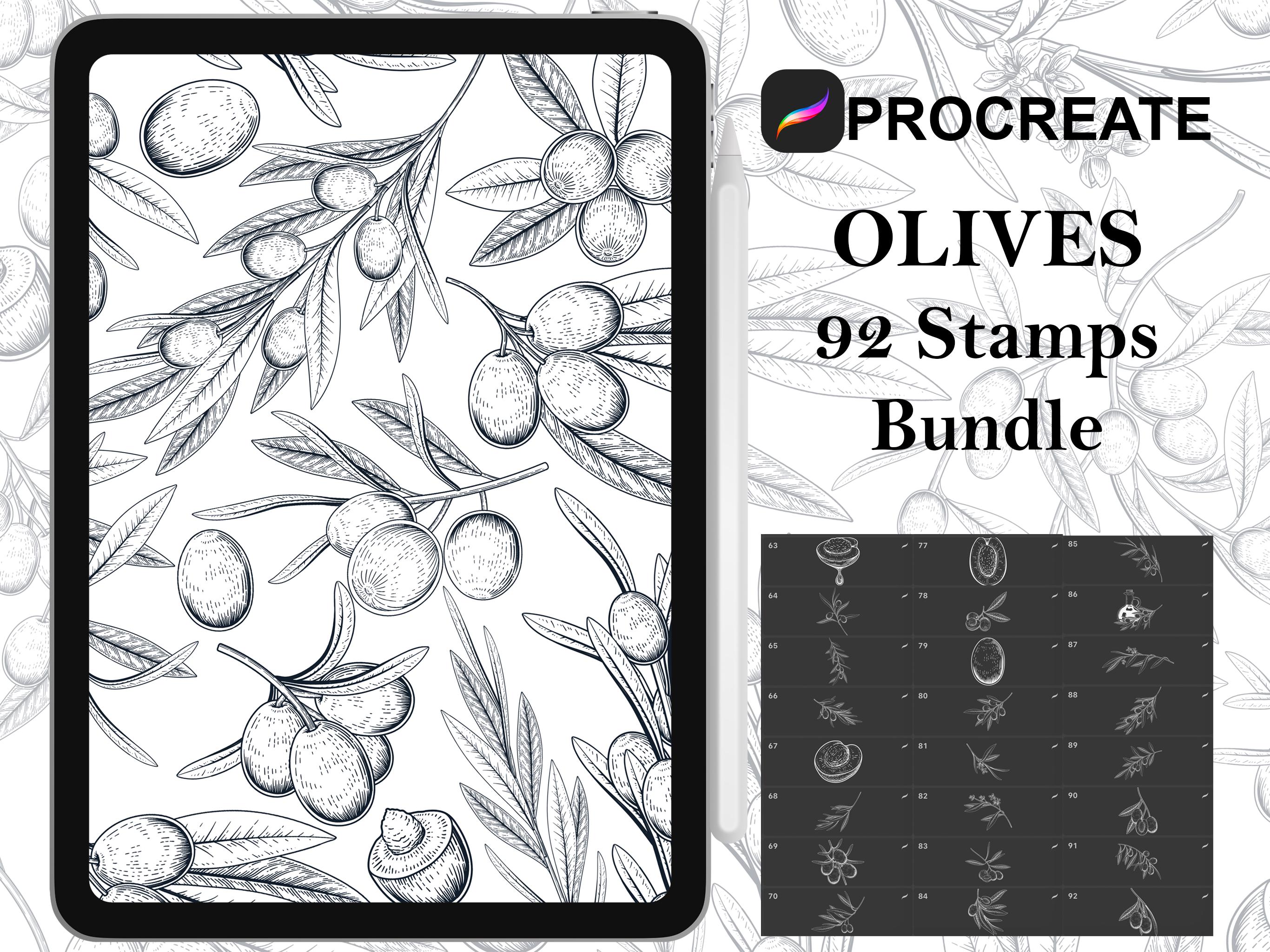 Procreate - 92 Olives Stamps, Hand drawn and digitized Images for Colouring & Design Fineline Stamps - Commercial Use, Procreate Brushes