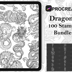 Könnte beinhalten: Eine digitale Illustration von 100 Drachen-Stempeln für Procreate. Das Bild zeigt eine Vielzahl von Drachen-Designs in Schwarzweiß, darunter einen Drachen mit langem Schwanz, einen Drachen mit Flügeln und einen Drachen mit Bart. Der Text "Dragons 100 Stamps Bundle" wird oben im Bild angezeigt.