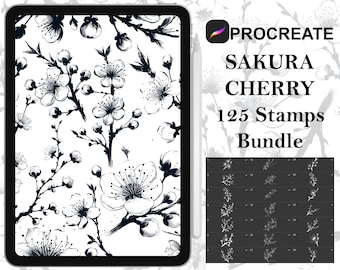 Procreate - 125 Sakura Cherry Stamps, Hand drawn and digitized Images & Design Fineline Stamps Coloring - Commercial Use, Procreate Brushes