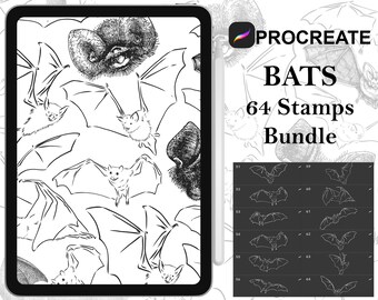 Procreate - 64 Bats Linework Stamps, Hand drawn Tattoo & Design Fineline Stamps - Commercial Use, Procreate Brushes