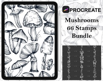 Procreate - 66 tampons Champignons, images dessinées à la main et numérisées pour la coloration et la conception Tampons Fineline - Usage commercial, pinceaux Procreate